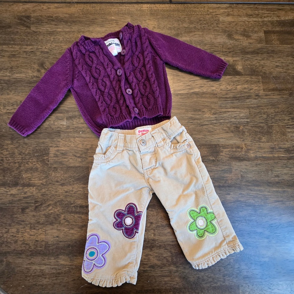 OshKosh Bgosh Purple Cable Knit Cardigan and  Floral Corduroy‎ Pants Set 12M VTG